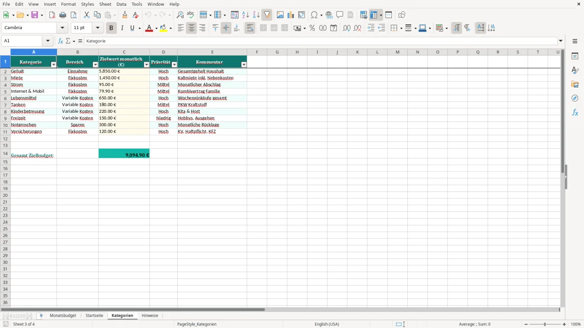 Captura de tela 3: Aba Kategorien - Planilha Excel Budgetplaner monatlich Familie Excel Vorlage