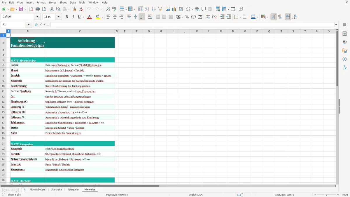 Captura de tela 4: Aba Hinweise - Planilha Excel Budgetplaner monatlich Familie Excel Vorlage