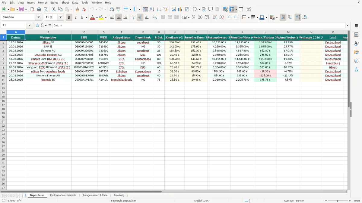 Captura de tela 1: Aba Depotdaten - Planilha Excel Depot Performance Übersicht Excel Vorlage