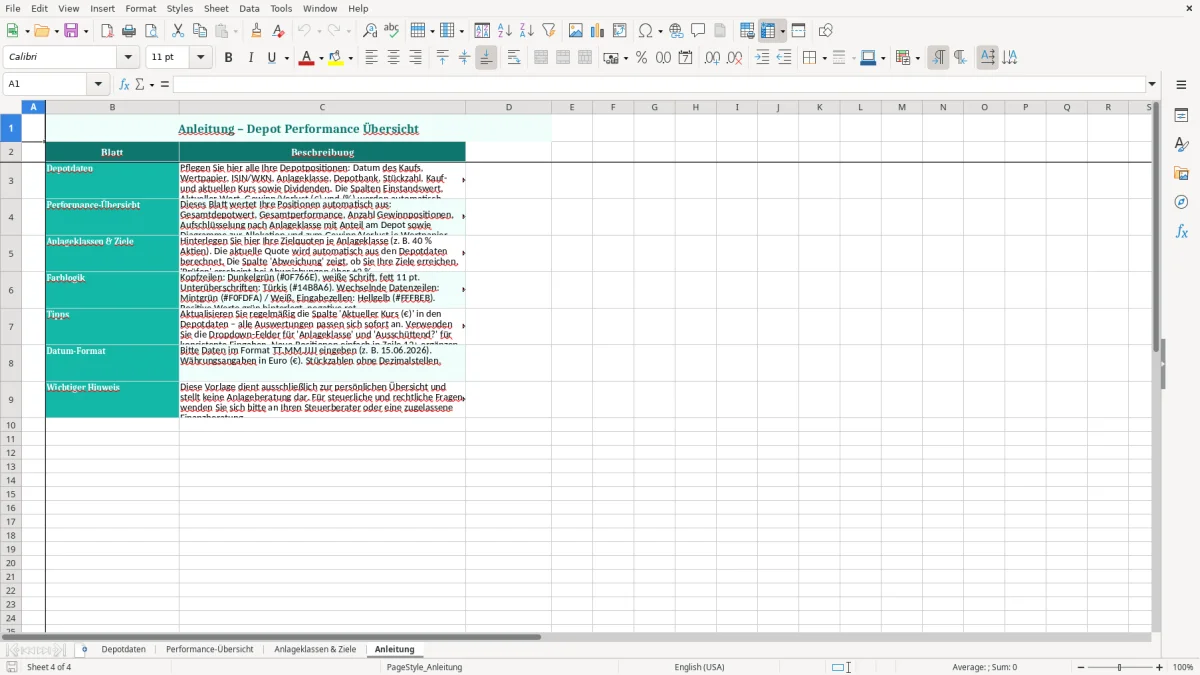 Captura de tela 4: Aba Anleitung - Planilha Excel Depot Performance Übersicht Excel Vorlage