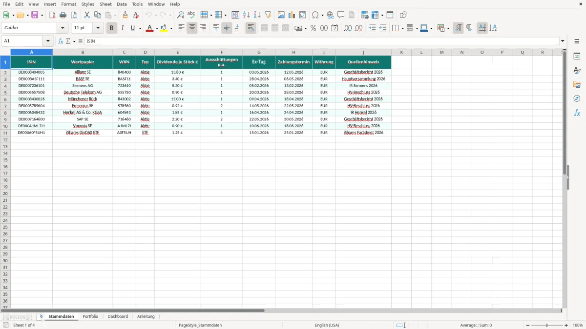 Captura de tela 1: Aba Stammdaten - Planilha Excel Dividenden Tracker Aktien Portfolio Excel Vorlage