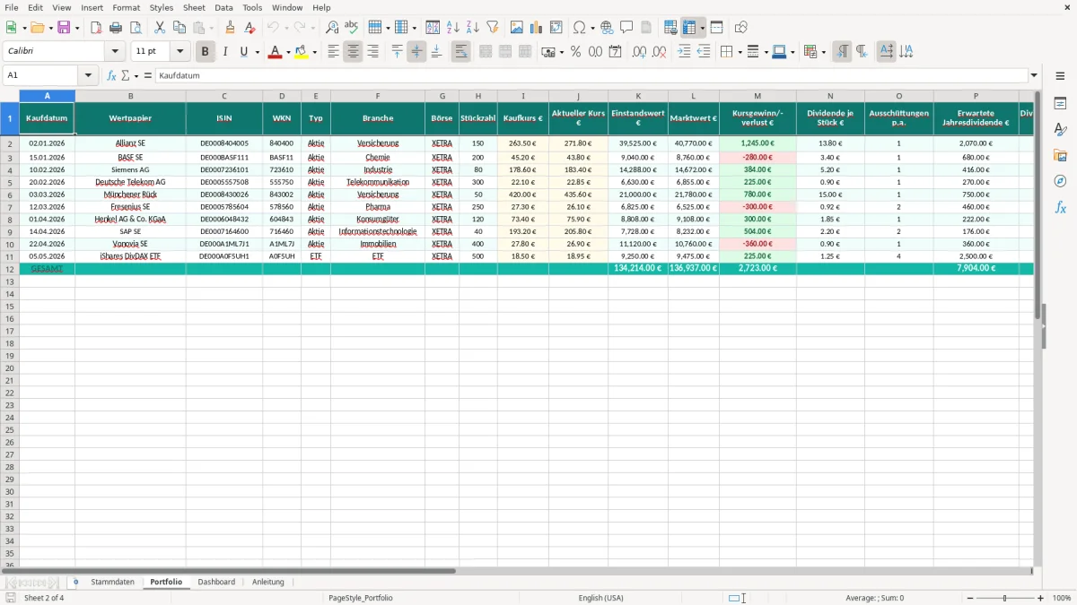 Captura de tela 2: Aba Portfolio - Planilha Excel Dividenden Tracker Aktien Portfolio Excel Vorlage