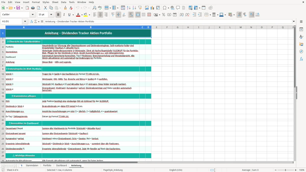 Captura de tela 4: Aba Anleitung - Planilha Excel Dividenden Tracker Aktien Portfolio Excel Vorlage