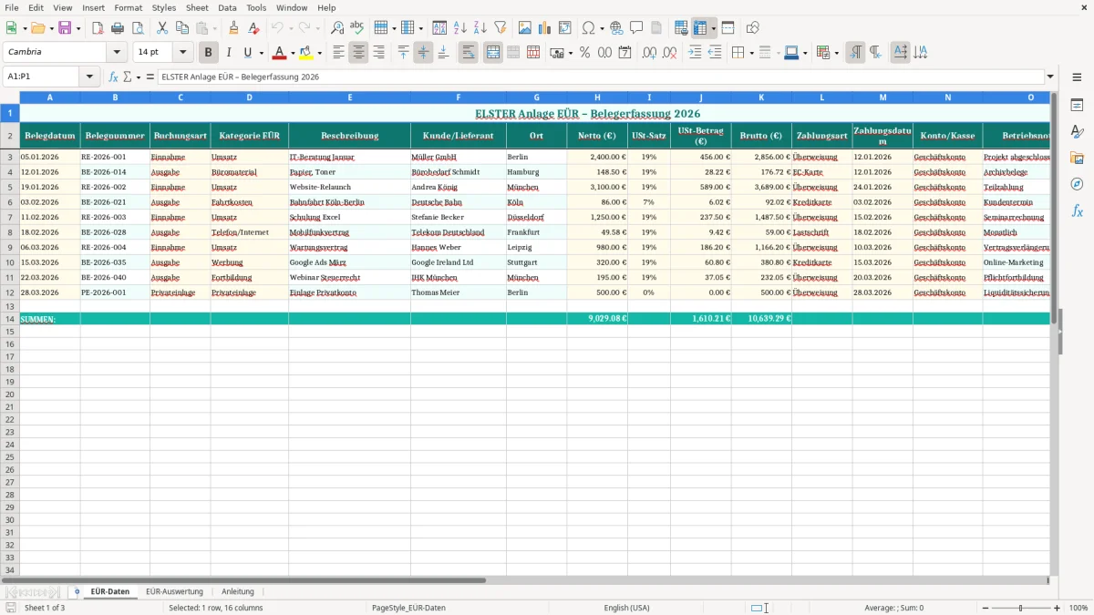 Captura de tela 1: Aba EÜR-Daten - Planilha Excel ELSTER Anlage EÜR Vorbereitung Excel Vorlage