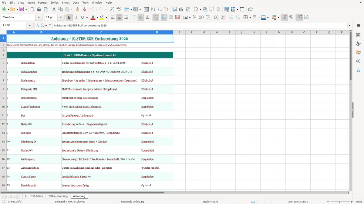 Captura de tela 3: Aba Anleitung - Planilha Excel ELSTER Anlage EÜR Vorbereitung Excel Vorlage