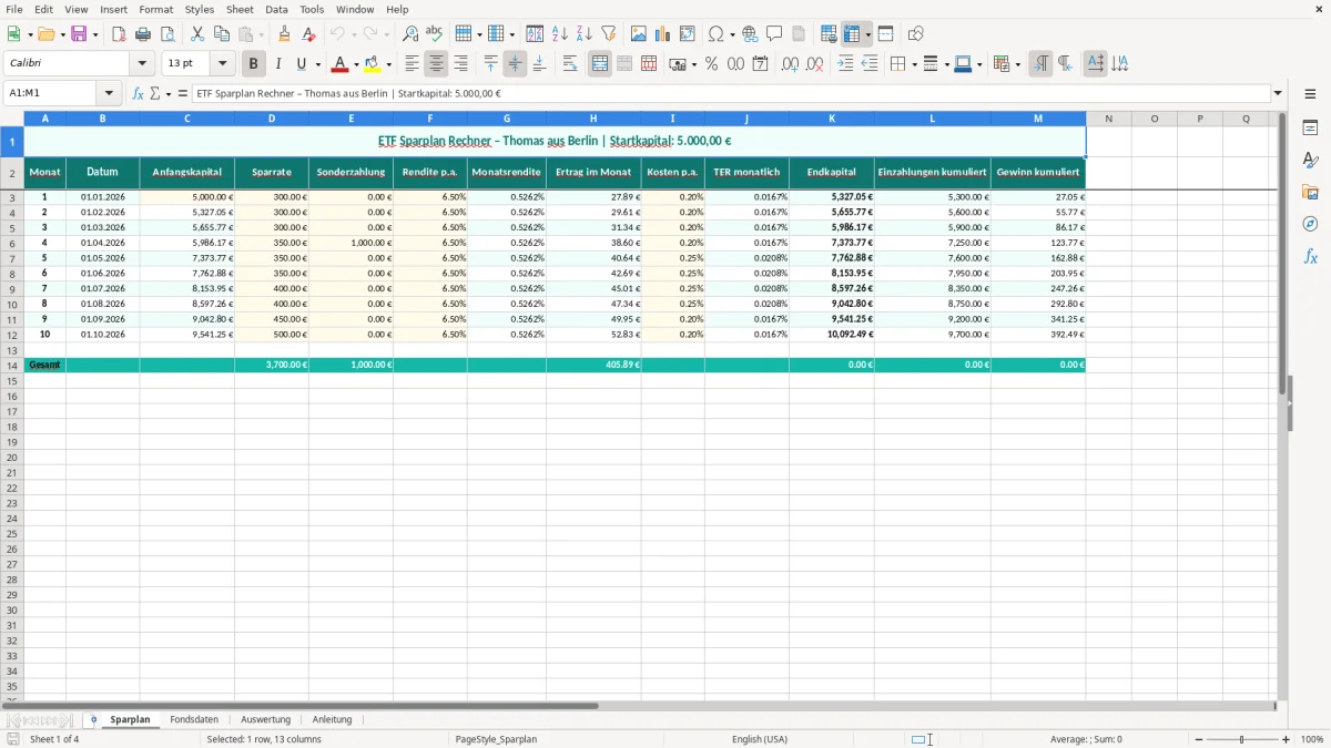 Captura de tela 1: Aba Sparplan - Planilha Excel ETF Sparplan Rechner mit Zinseszins Excel Vorlage