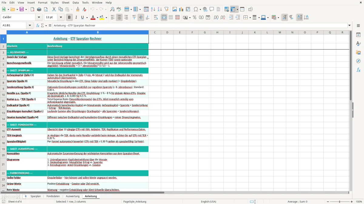 Captura de tela 4: Aba Anleitung - Planilha Excel ETF Sparplan Rechner mit Zinseszins Excel Vorlage