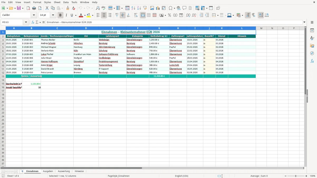Captura de tela 1: Aba Einnahmen - Planilha Excel EÜR Kleinunternehmer einfach Excel Vorlage