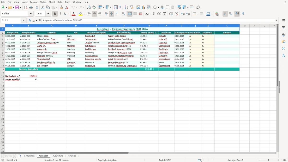 Captura de tela 2: Aba Ausgaben - Planilha Excel EÜR Kleinunternehmer einfach Excel Vorlage