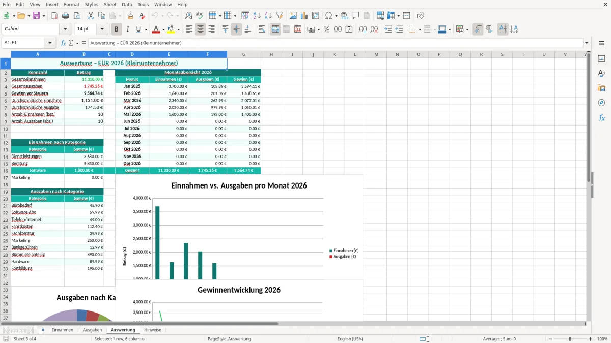 Captura de tela 3: Aba Auswertung - Planilha Excel EÜR Kleinunternehmer einfach Excel Vorlage