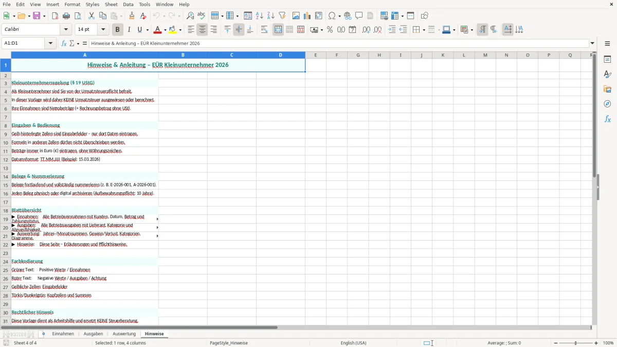 Captura de tela 4: Aba Hinweise - Planilha Excel EÜR Kleinunternehmer einfach Excel Vorlage