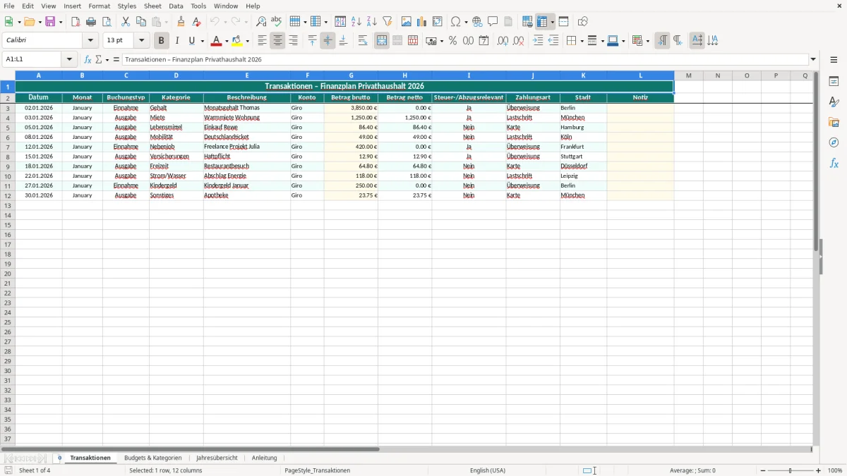 Captura de tela 1: Aba Transaktionen - Planilha Excel Finanzplan Privathaushalt Jahresübersicht Excel Vorlage