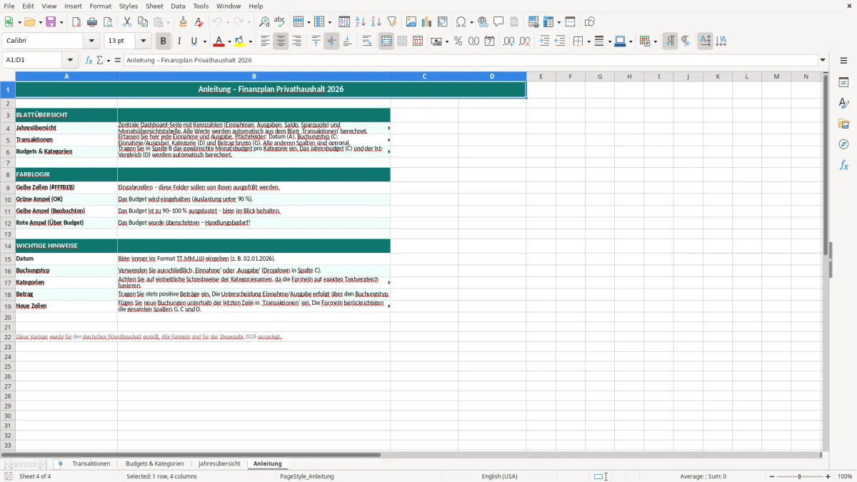 Captura de tela 4: Aba Anleitung - Planilha Excel Finanzplan Privathaushalt Jahresübersicht Excel Vorlage