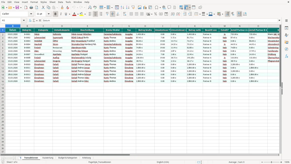 Captura de tela 1: Aba Transaktionen - Planilha Excel Haushaltsbuch für Paare Excel Vorlage