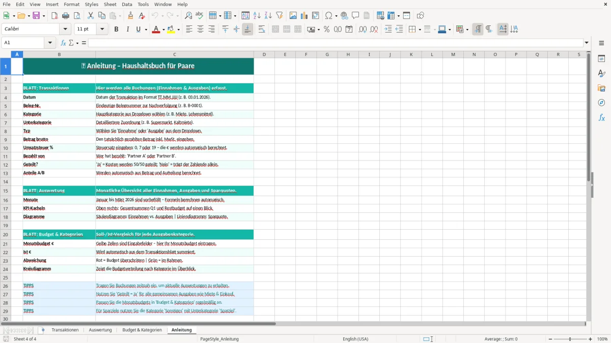 Captura de tela 4: Aba Anleitung - Planilha Excel Haushaltsbuch für Paare Excel Vorlage