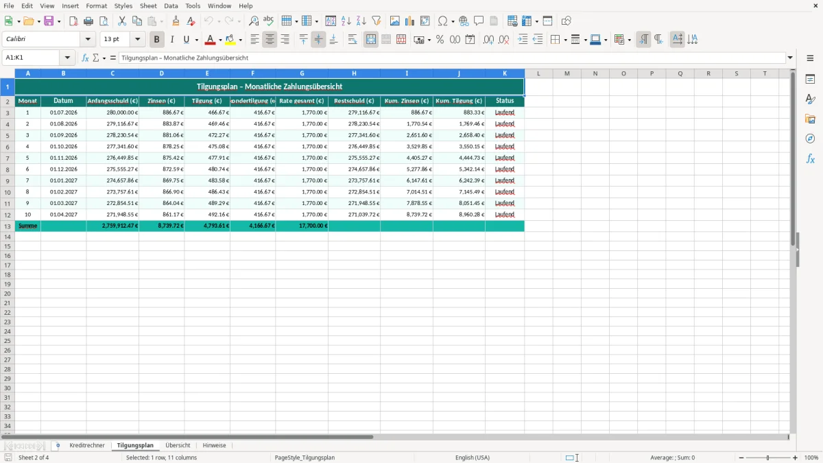 Captura de tela 2: Aba Tilgungsplan - Planilha Excel Kreditrechner mit Tilgungsplan Excel Vorlage