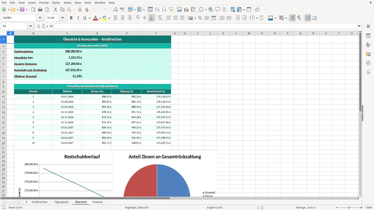 Captura de tela 3: Aba Übersicht - Planilha Excel Kreditrechner mit Tilgungsplan Excel Vorlage