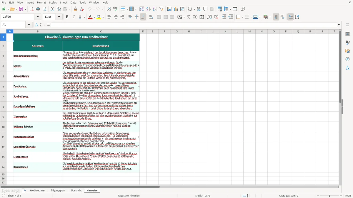 Captura de tela 4: Aba Hinweise - Planilha Excel Kreditrechner mit Tilgungsplan Excel Vorlage