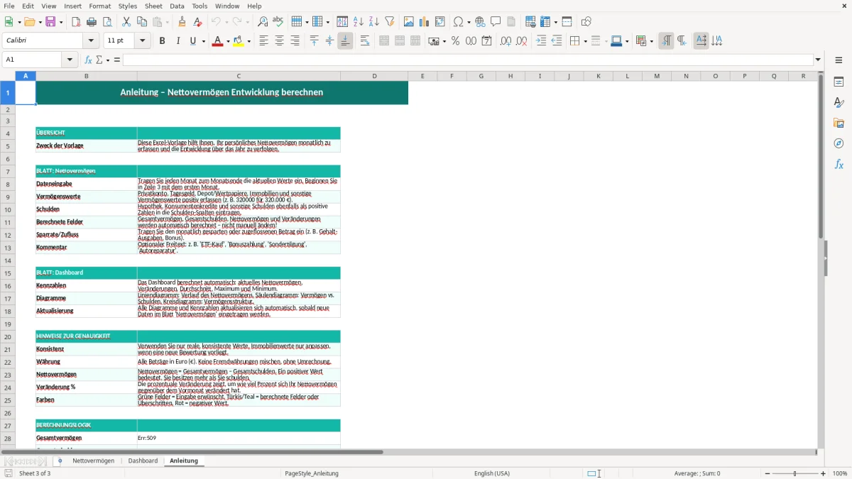 Captura de tela 3: Aba Anleitung - Planilha Excel Nettovermögen Entwicklung berechnen Excel Vorlage