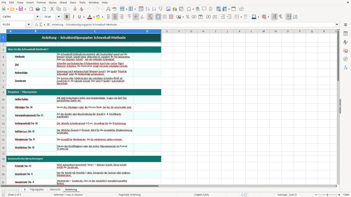 Captura de tela 3: Aba Anleitung - Planilha Excel Schuldentilgungsplan Schneeball Methode Excel Vorlage