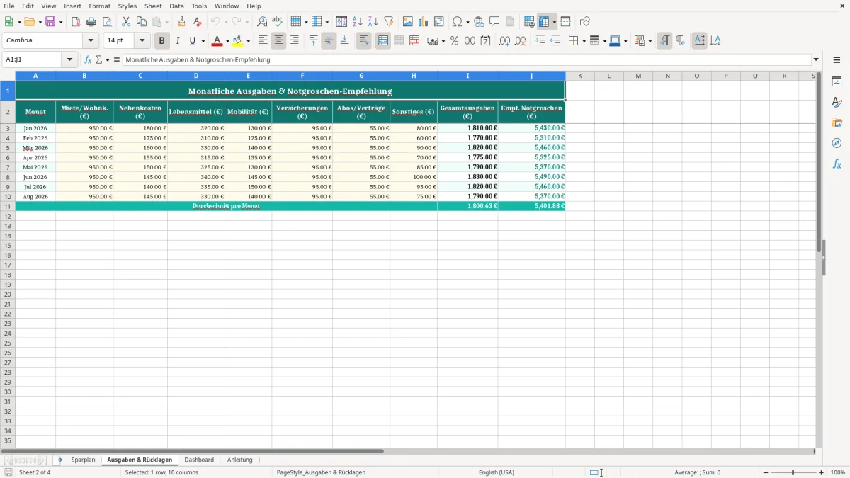 Captura de tela 2: Aba Ausgaben & Rücklagen - Planilha Excel Sparziele Tracker Notgroschen Excel Vorlage