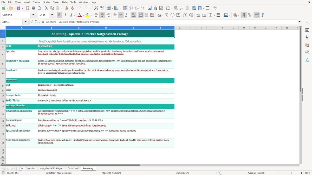 Captura de tela 4: Aba Anleitung - Planilha Excel Sparziele Tracker Notgroschen Excel Vorlage