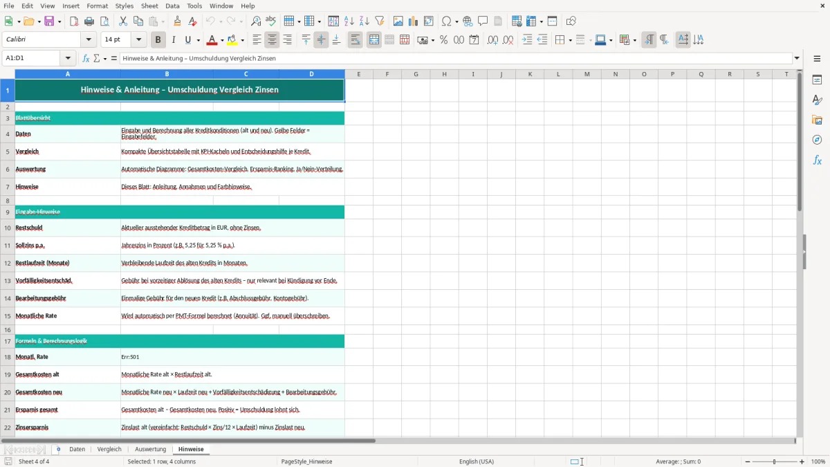 Captura de tela 4: Aba Hinweise - Planilha Excel Umschuldung Vergleich Zinsen Excel Vorlage