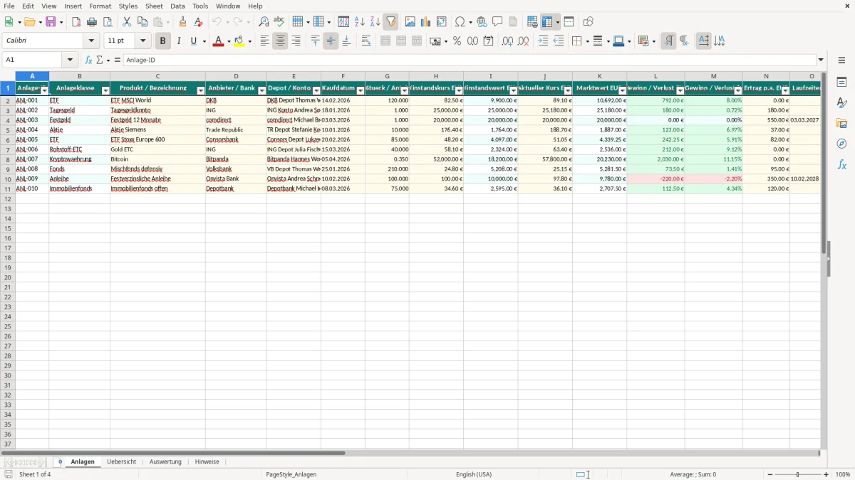 Captura de tela 1: Aba Anlagen - Planilha Excel Vermögensübersicht private Anlagen Excel Vorlage