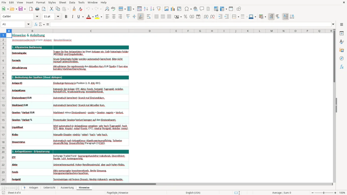 Captura de tela 4: Aba Hinweise - Planilha Excel Vermögensübersicht private Anlagen Excel Vorlage