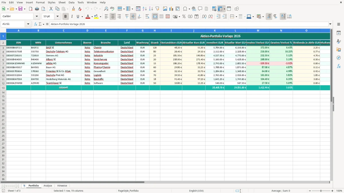 Captura de tela 1: Aba Portfolio - Planilha Excel aktien portfolio excel vorlage