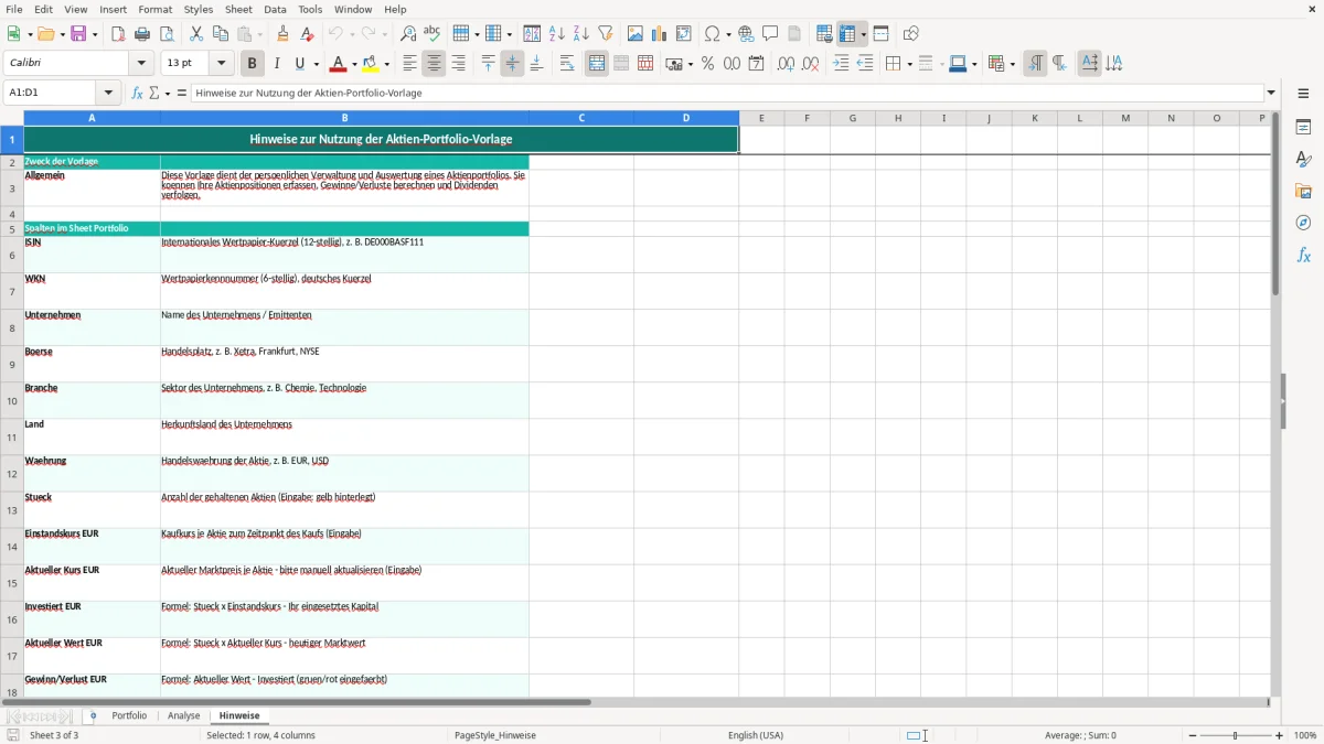 Captura de tela 3: Aba Hinweise - Planilha Excel aktien portfolio excel vorlage