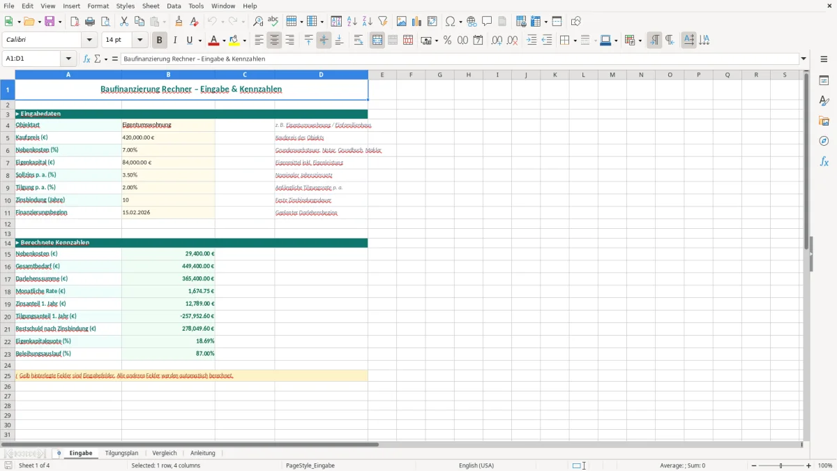 Captura de tela 1: Aba Eingabe - Planilha Excel baufinanzierung rechner excel