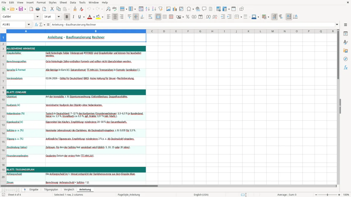 Captura de tela 4: Aba Anleitung - Planilha Excel baufinanzierung rechner excel