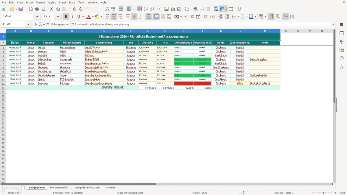 Captura de tela 1: Aba Budgetplaner - Planilha Excel budgetplaner excel vorlage
