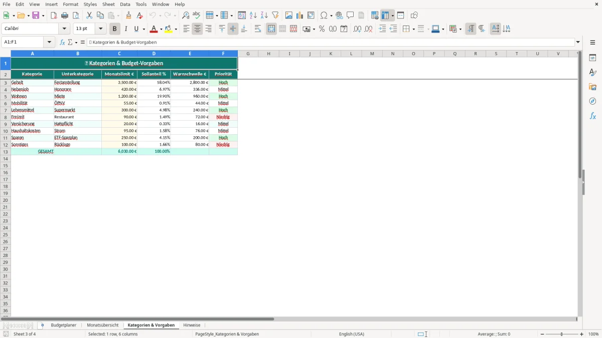 Captura de tela 3: Aba Kategorien & Vorgaben - Planilha Excel budgetplaner excel vorlage