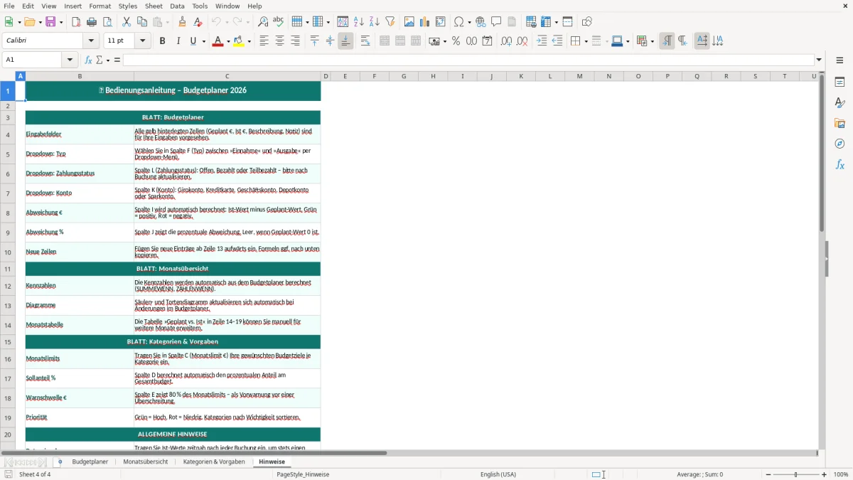 Captura de tela 4: Aba Hinweise - Planilha Excel budgetplaner excel vorlage