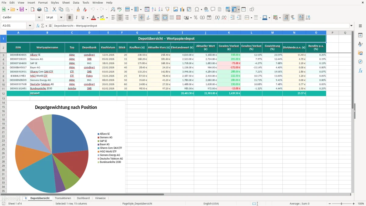 Captura de tela 1: Aba Depotübersicht - Planilha Excel depotübersicht excel vorlage