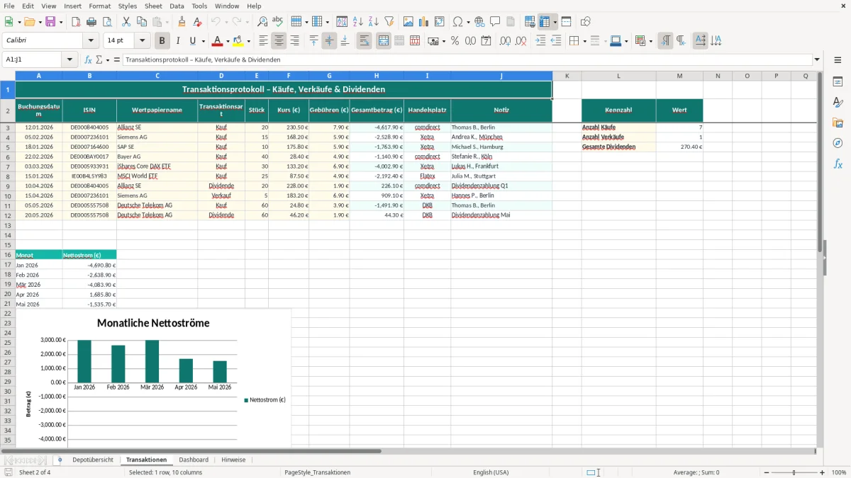 Captura de tela 2: Aba Transaktionen - Planilha Excel depotübersicht excel vorlage