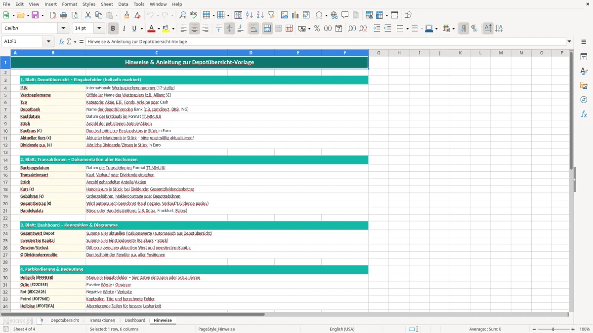 Captura de tela 4: Aba Hinweise - Planilha Excel depotübersicht excel vorlage