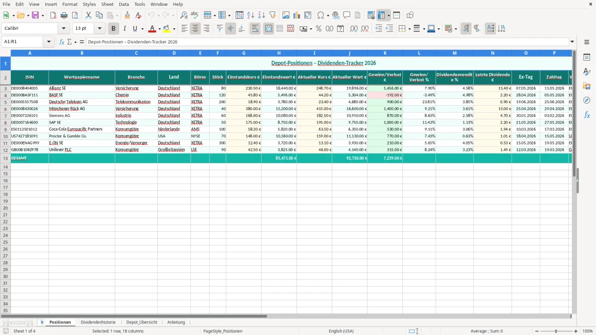 Captura de tela 1: Aba Positionen - Planilha Excel dividenden tracker excel