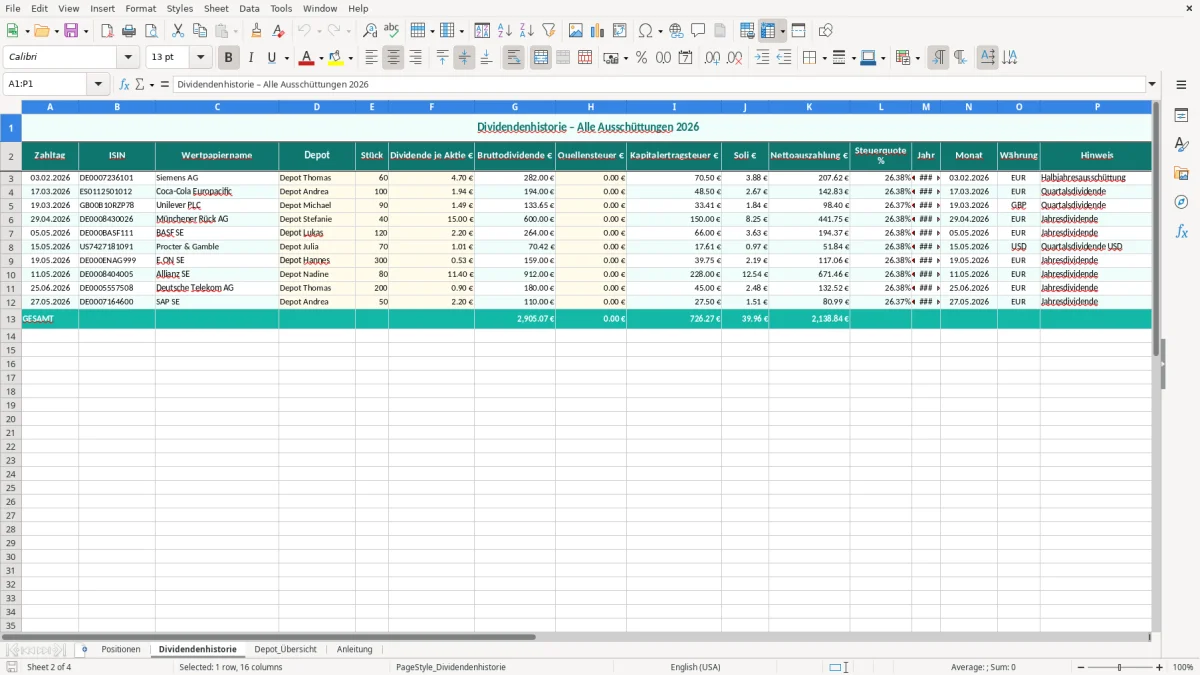 Captura de tela 2: Aba Dividendenhistorie - Planilha Excel dividenden tracker excel