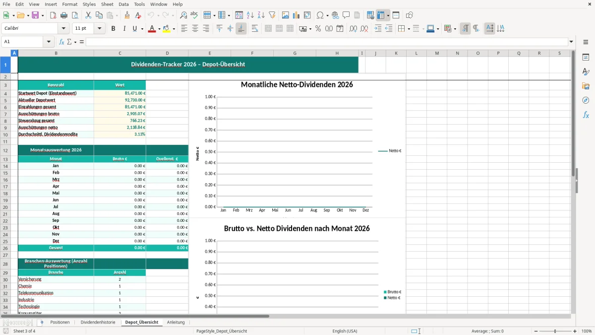 Captura de tela 3: Aba Depot_Übersicht - Planilha Excel dividenden tracker excel