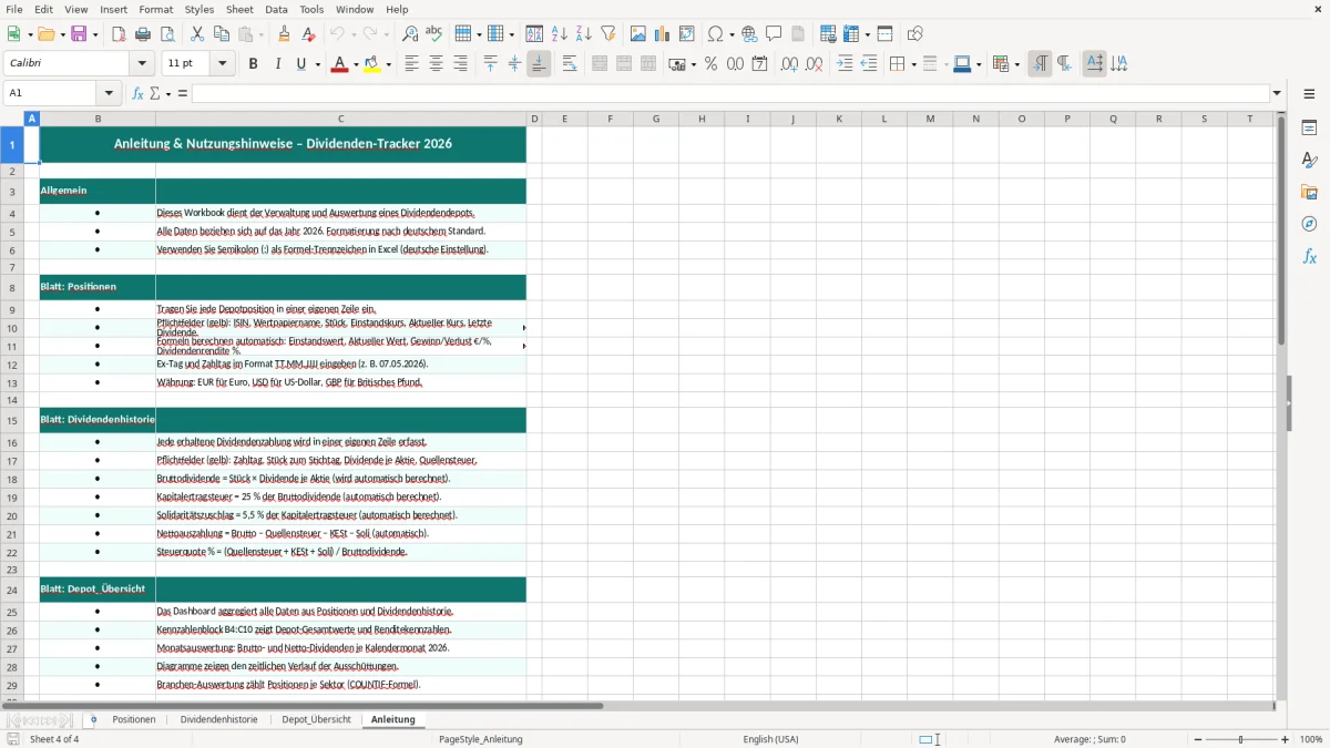 Captura de tela 4: Aba Anleitung - Planilha Excel dividenden tracker excel