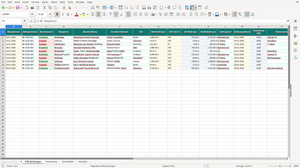 Captura de tela 1: Aba EÜR_Buchungen - Planilha Excel einnahmenüberschussrechnung excel