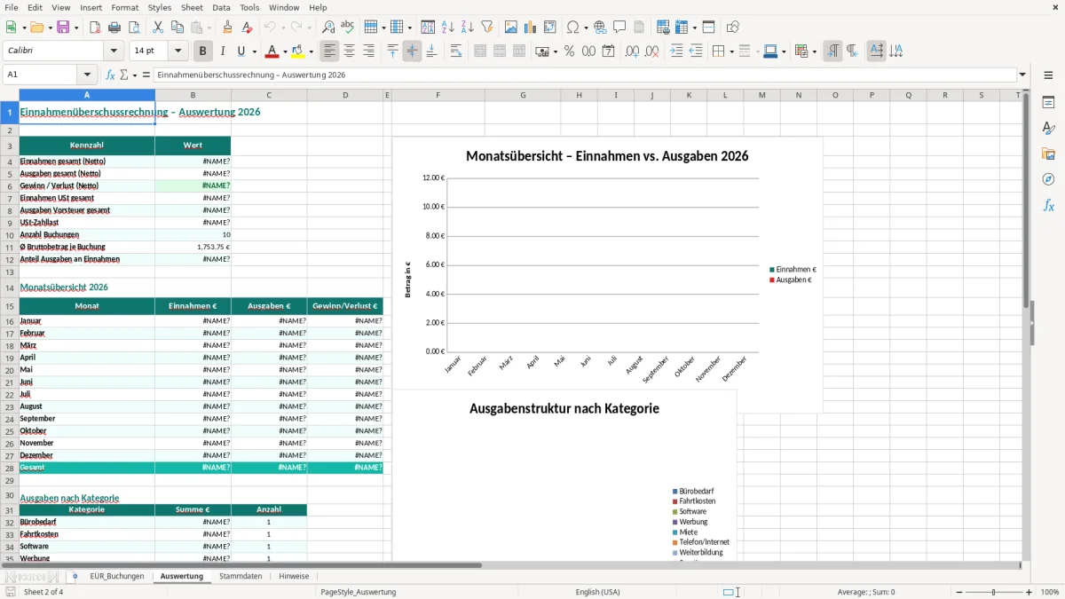 Captura de tela 2: Aba Auswertung - Planilha Excel einnahmenüberschussrechnung excel