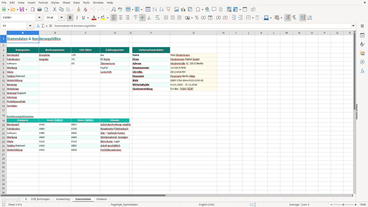 Captura de tela 3: Aba Stammdaten - Planilha Excel einnahmenüberschussrechnung excel