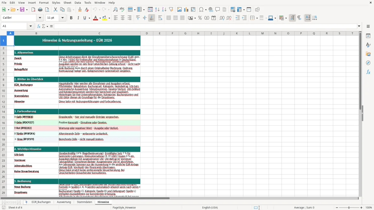 Captura de tela 4: Aba Hinweise - Planilha Excel einnahmenüberschussrechnung excel