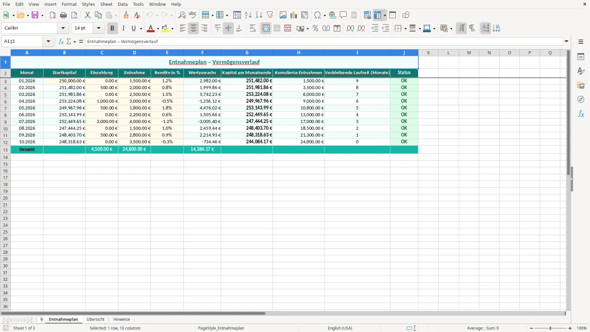 Captura de tela 1: Aba Entnahmeplan - Planilha Excel entnahmeplan excel vorlage