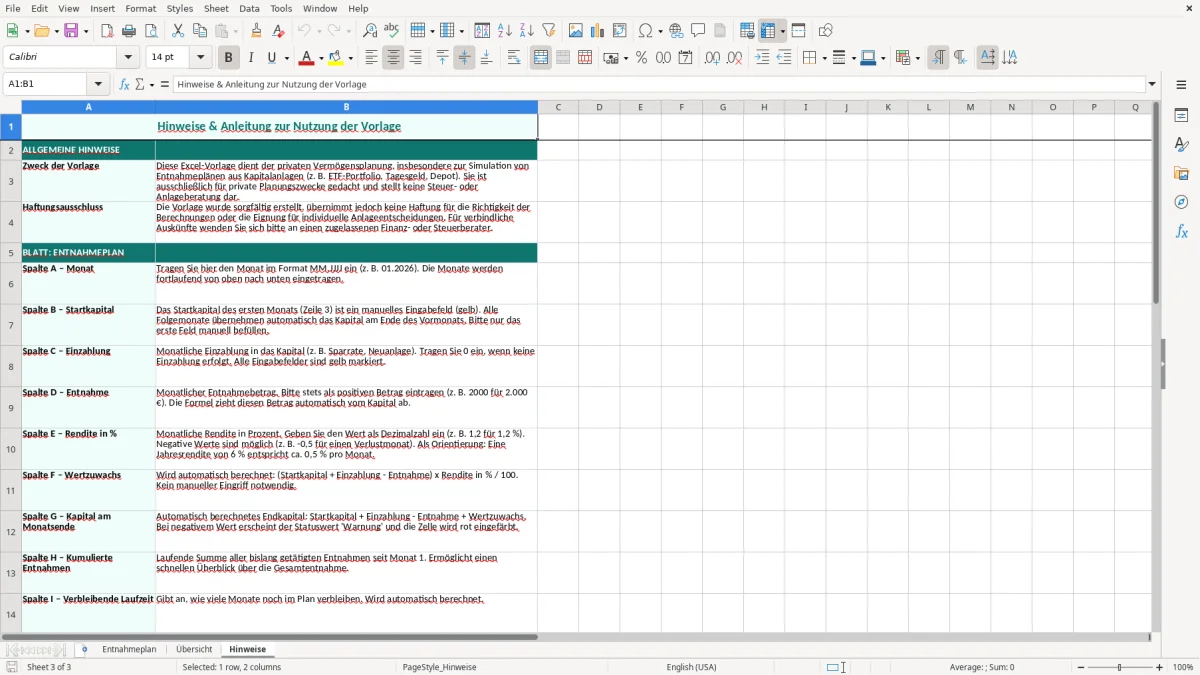 Captura de tela 3: Aba Hinweise - Planilha Excel entnahmeplan excel vorlage
