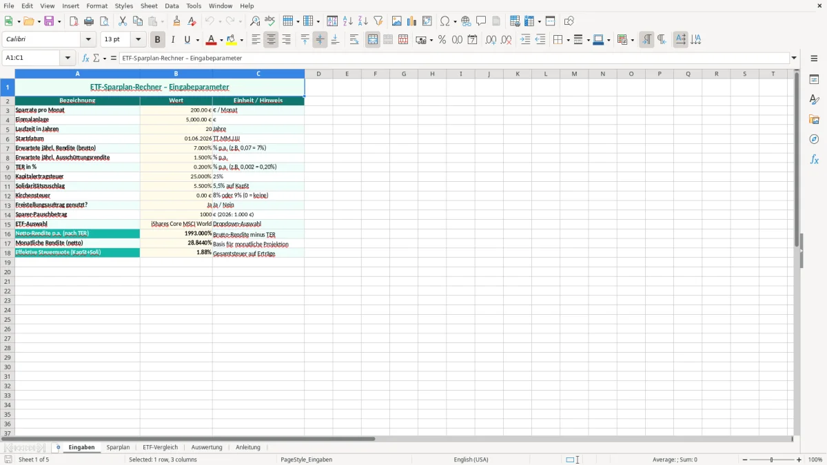 Captura de tela 1: Aba Eingaben - Planilha Excel etf sparplan rechner excel